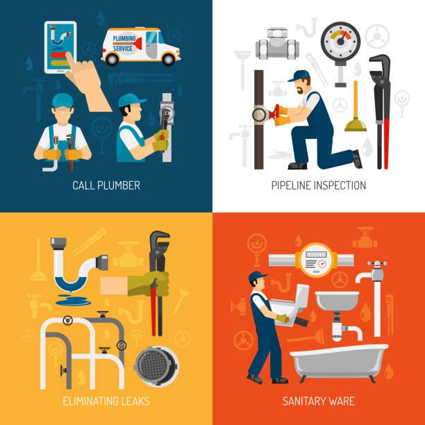 Plumbing service concept with call repairman pipeline inspection sanitary ware elimination of leaks isolated vector illustration